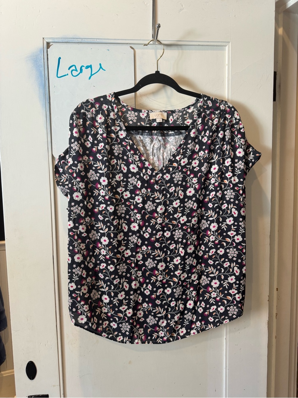 LOFT Black Floral V-Neck Blouse with Pink & White Flowers